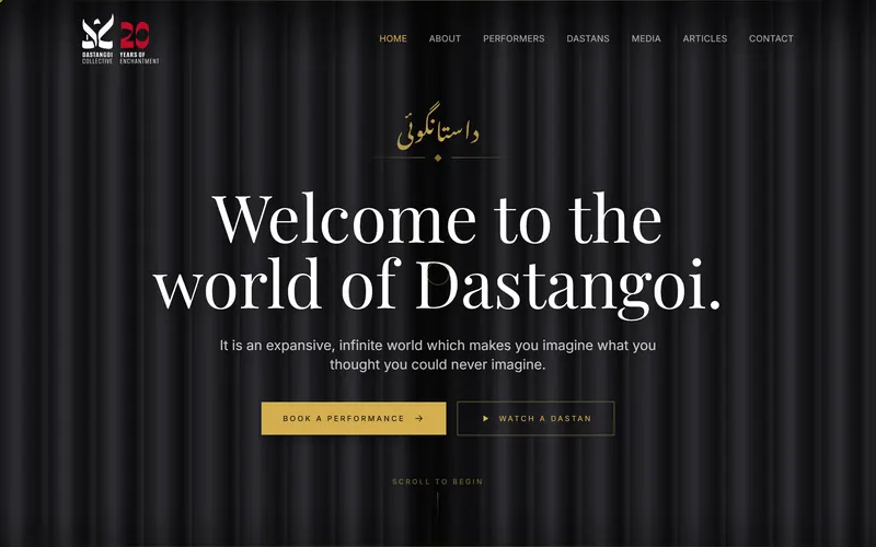 Homepage of dastangoi.in welcoming visitors to the world of Dastangoi storytelling