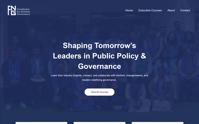 Homepage of fngindia.org, the Foundation for NextGen Governance, with the headline Shaping Tomorrow's Leaders in Public Policy and Governance