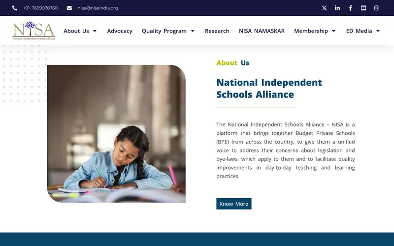 Homepage of nisaindia.org, the National Independent Schools Alliance