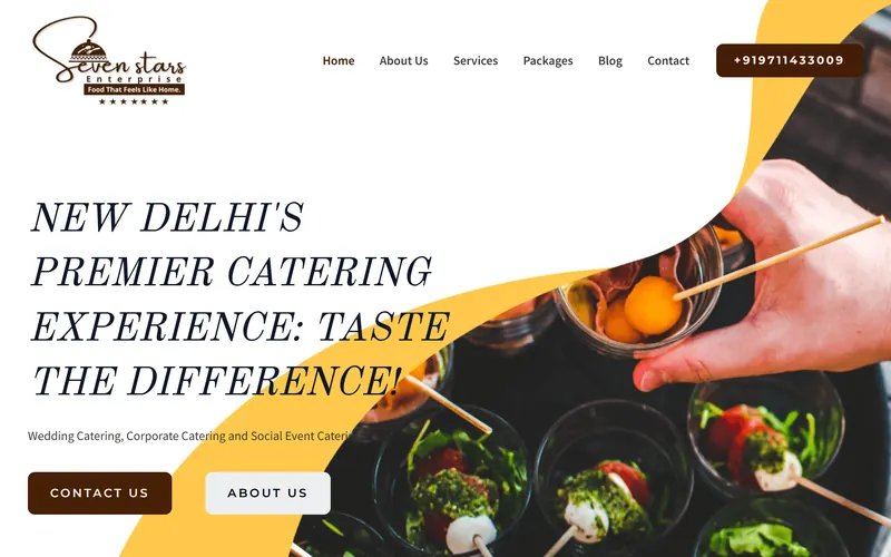 Homepage of sevenstarsenterprises.in, a New Delhi catering business, showing plated canapés