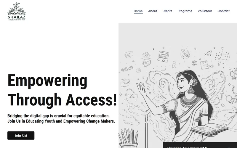 Homepage of shailaz.org, Shailaz Education Trust, with the headline Empowering Through Access