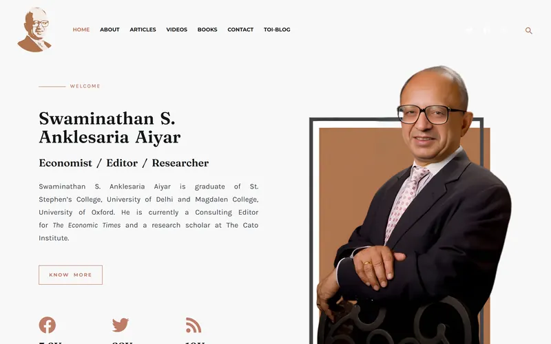 Homepage of swaminomics.org introducing economist and editor Swaminathan S. Anklesaria Aiyar